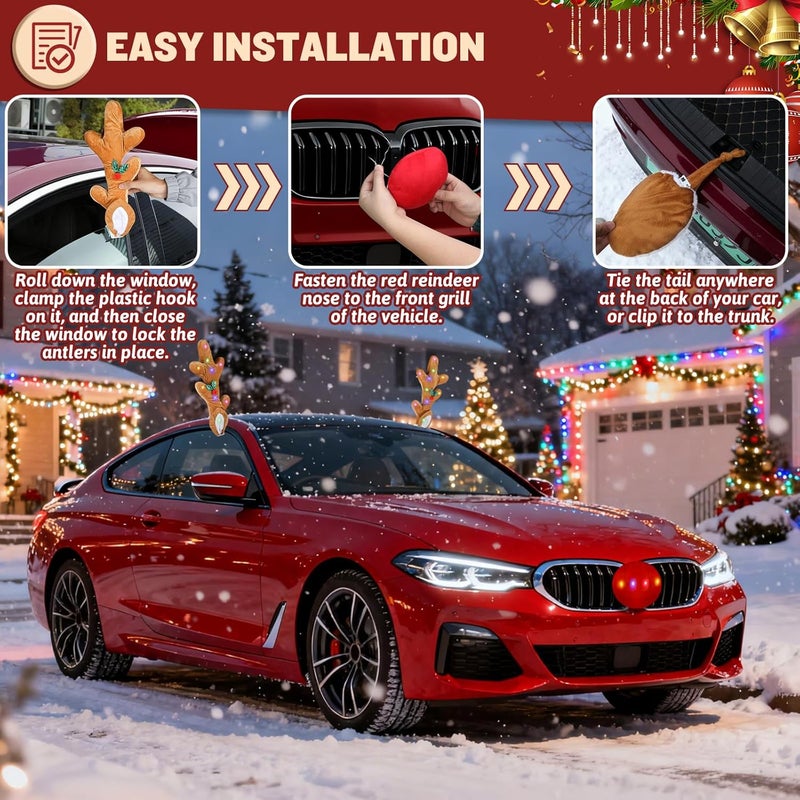 Angooni Christmas Car Decoration with Colorful LED Car Kit - 17 Inch Reindeer Antlers with Ears, Red Nose, and Tail - Exterior Accessories for Cars, Trucks, Jeeps, SUVs - Image 4
